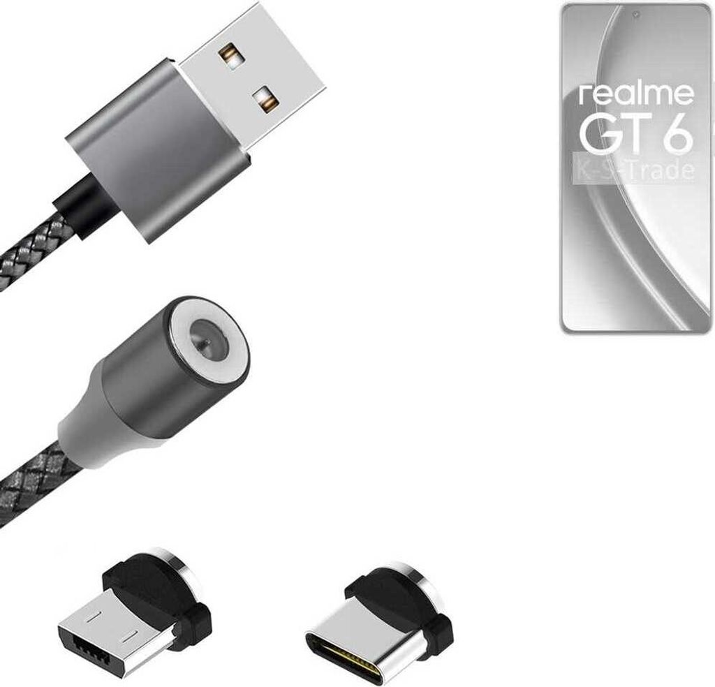 K-S-Trade Hochwertiges Magnet-Lade-kabel Sync-Kabel Daten-Kabel kompatibel mit Realme GT 6 Global mit USB-Typ-C-Anschluss und Micro-USB-Anschluss 2A