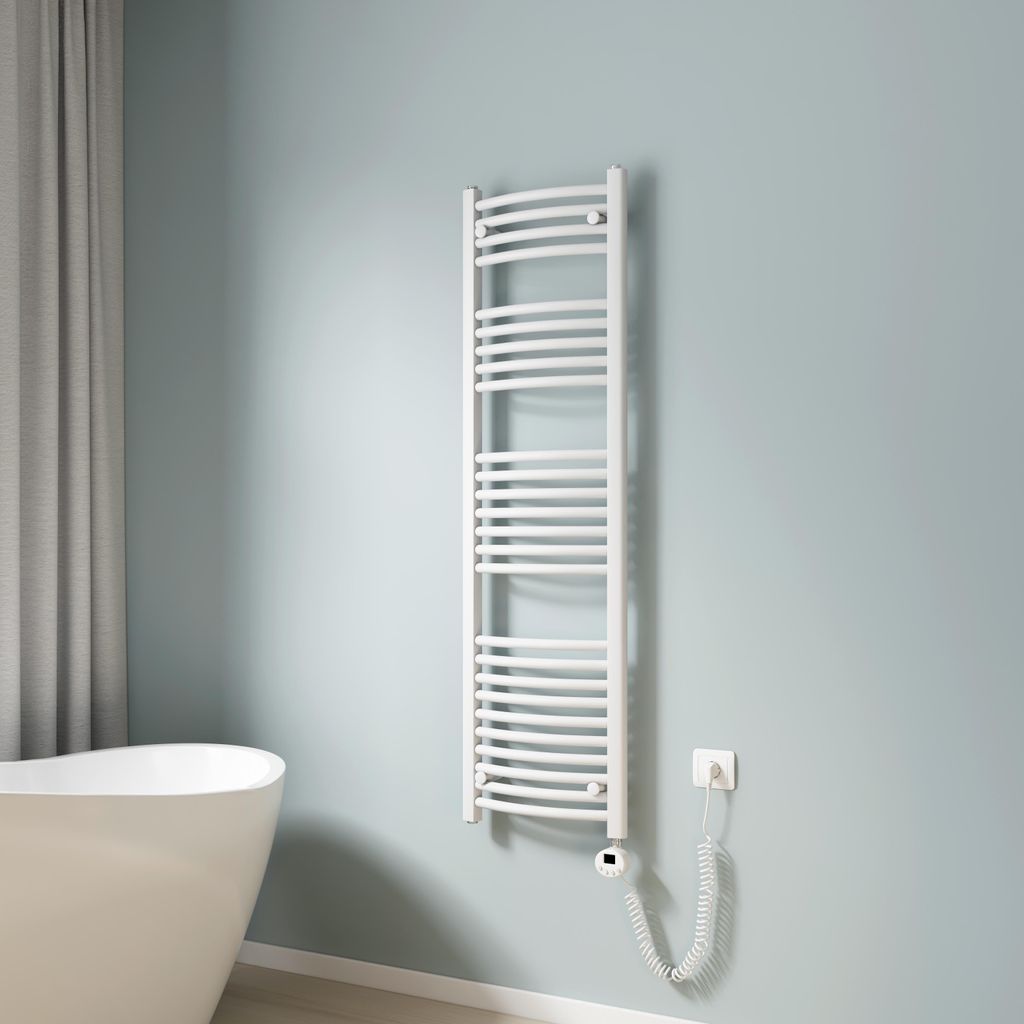A bathroom setting with a white bathtub and a white electric towel warmer mounted on a light blue wall.