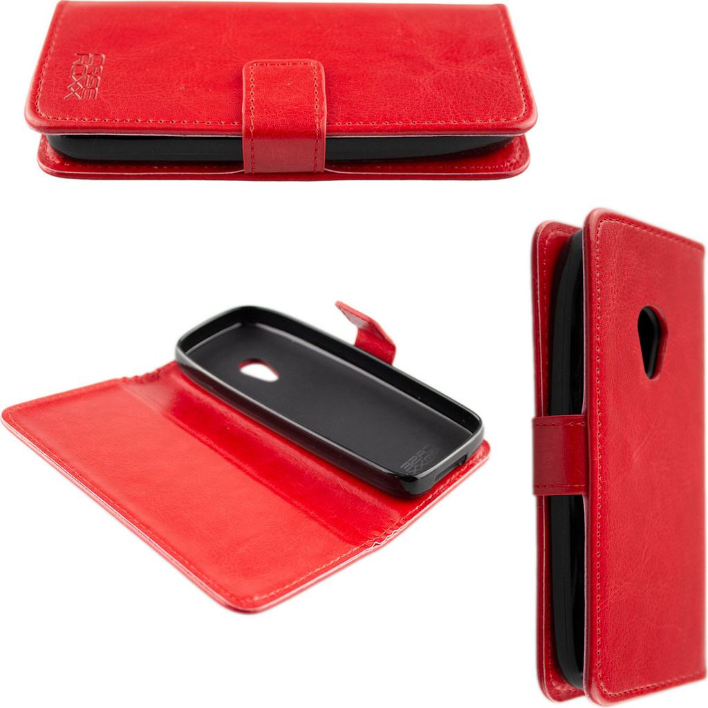 A collage of three images showing a red flip-style phone case with a black inner holder.