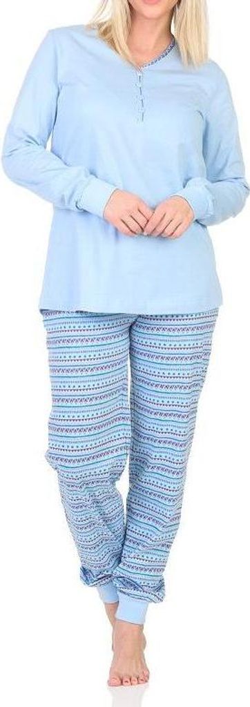 Normann Damen Langarm Schlafanzug Pyjama mit Bündchen im Ethnolook - auch in Übergrössen ; blau , 60