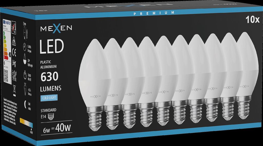 Mexen Nova 10x LED-Glühbirne E14, C37, 6W, Kalt - 6500K, Produktbild 