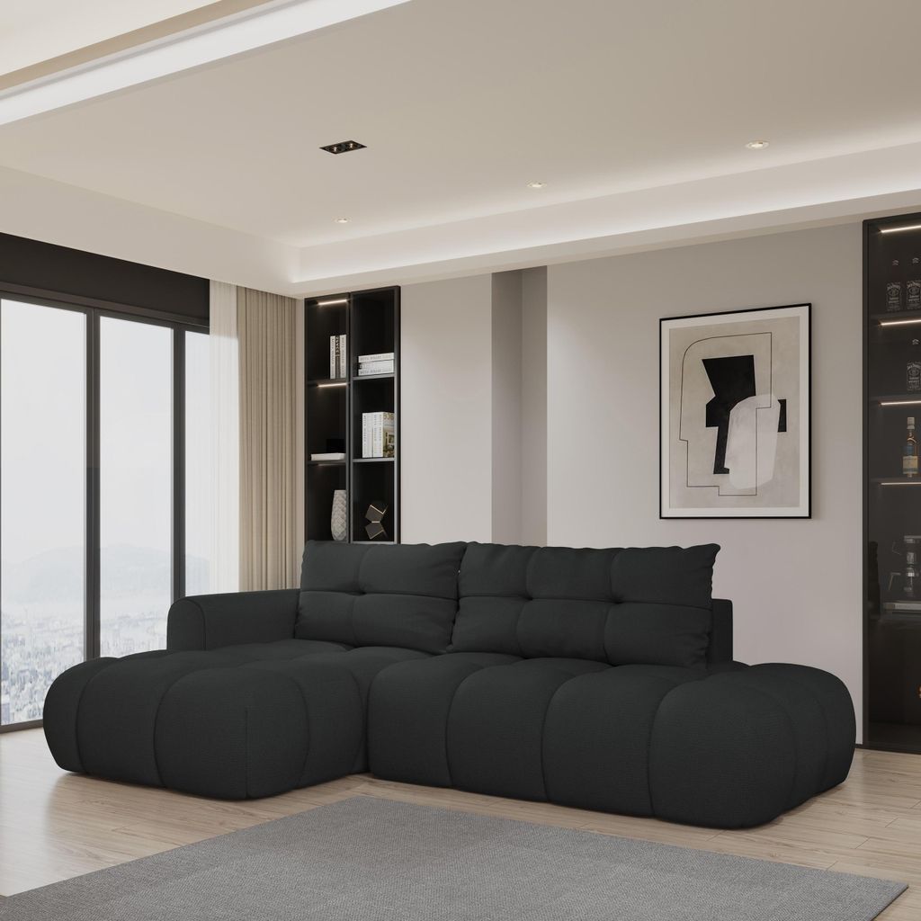 Masseno Ecksofa FLUMA L-S mit Schlaffunktion L-Form, Sofa mit Bettkasten, Wohnzimmersofa, Couch, Soffa, Bettsofa, Couchgarnitur- Schwarz, SORO 100