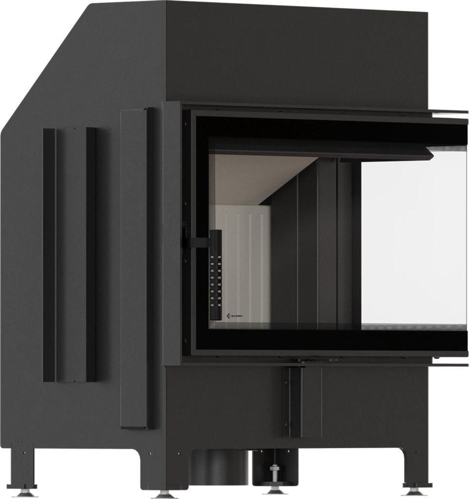 A black fireplace insert with a glass door partially open, showing the interior.