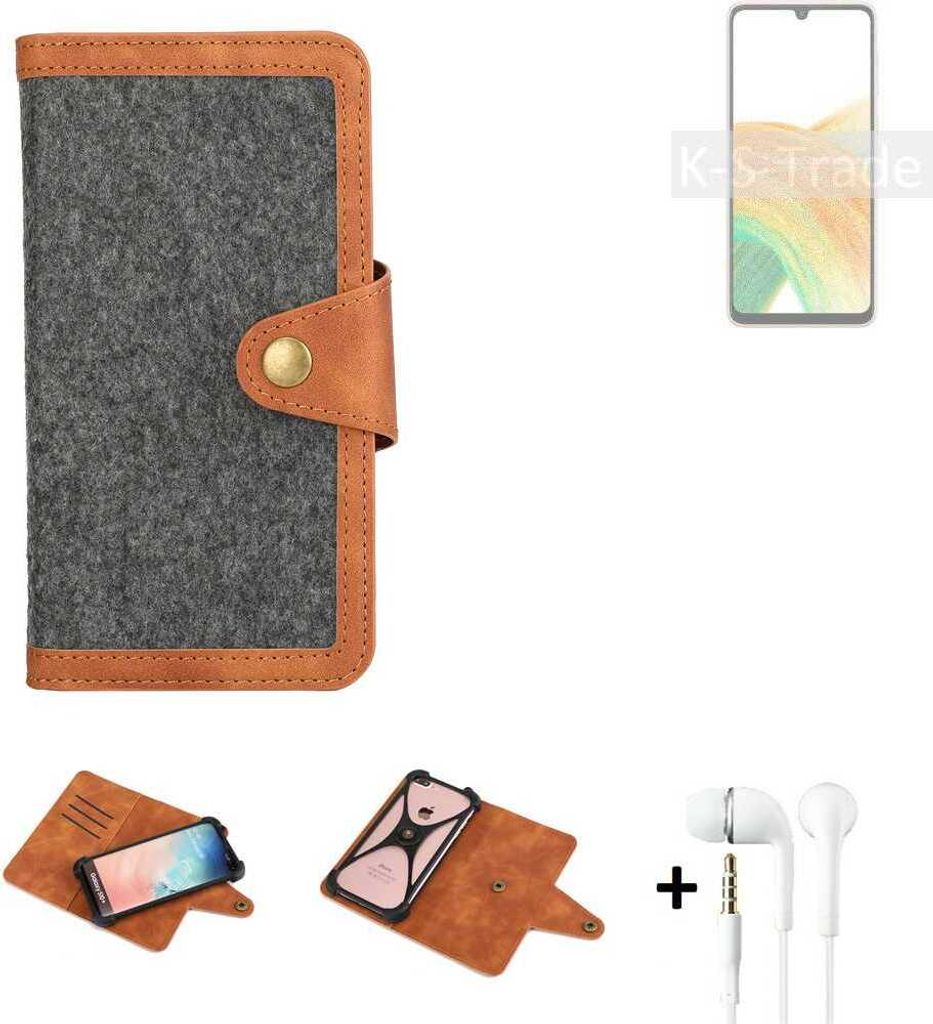 K-S-Trade Handyhülle + Kopfhörer kompatibel mit Samsung Galaxy A33 5G Schutzhülle Filzhülle Kunstleder dunkelgrau braun (1x)