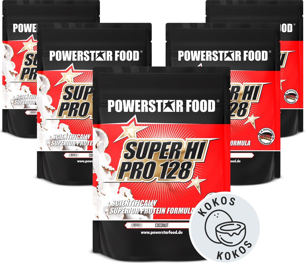 Powerstar SUPER HI PRO 128 | Mehrkomponenten Protein-Pulver 5x1kg | Höchste Biologische Wertigkeit | Protein-Shake zum Muskelaufbau | Coconut
