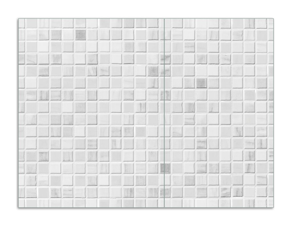 Wallario Herdabdeckplatte aus Glas, Größe 70 x 52 cm 2-teilig, Motiv Fliesen im Bad weiß-grau