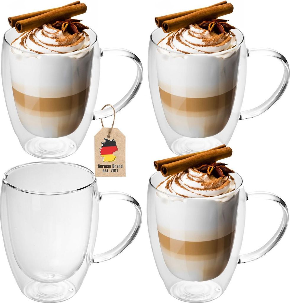 Intirilife 4x Doppelwandiges Thermo Glas Set in 250 - 300ml – Thermoglas Thermogläser Mundgeblasen isoliert Latte Macchiato Teeglas Kaffeeglas m...