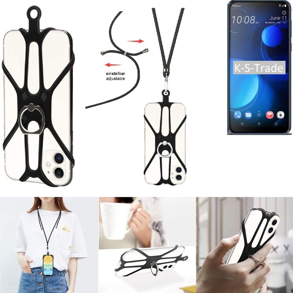 K-S-Trade 3in1 Handykette Handyband Handykordel Halsband Smartphone-Ring Handy-Ring kompatibel mit HTC Desire 19 Plus Fingerhalterung Handyring
