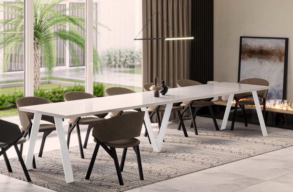 ENDO-Möbel Ausziehbarer Esstisch XXL Lungo White 130-405cm (Weiss Hochglanz)