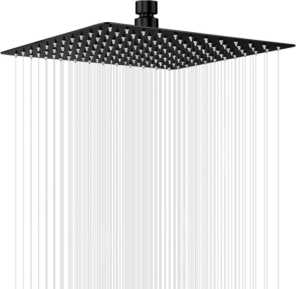 A square black shower head with water spraying from it.