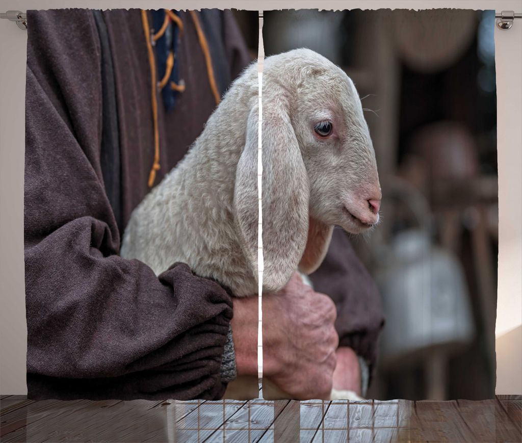ABAKUHAUS Bauernhoftier Rustikaler Vorhang, Baby Lamb Old Man, Wohnzimmer Universalband Gardinen mit Schlaufen und Haken, 280 x 175 cm, Coconut Meh...