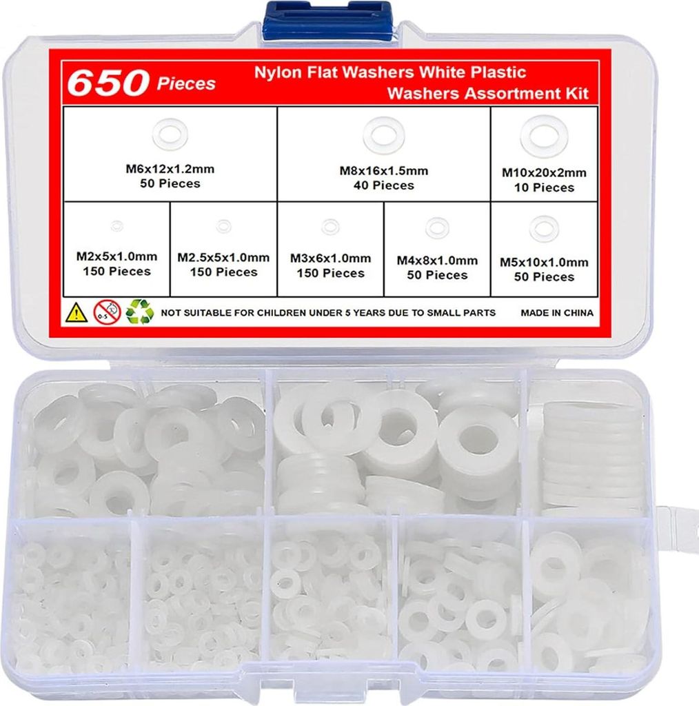 650 Stück Kunststoff Unterlegscheiben Set M2-M10, Weiß Nylon Distanzscheiben Flache Abstandsscheiben in 8 Größen Ideal für Elektrik & Heimwerker