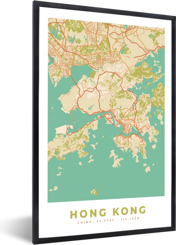 MuchoWow Gerahmtes Poster Karte - Hongkong - Stadtplan - Vintage - Karte 20x30 cm - Poster mit Schwarzem Bilderrahmen Wandposter Rahmen Foto Bild...