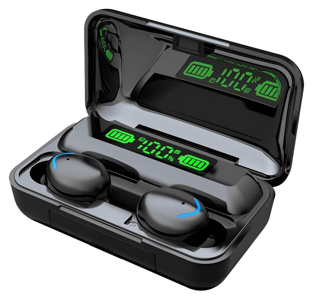 A pair of black wireless earbuds in their charging case, with the charging case lid open, showing the digital display.