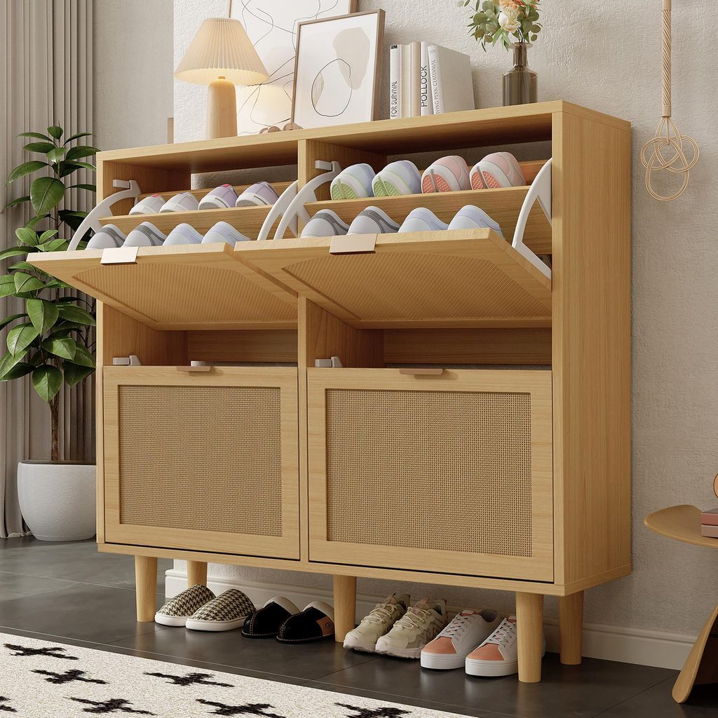 MODFU Meuble à Chaussures - Meuble d’Entrée en Rotin avec 4 Image du produit 