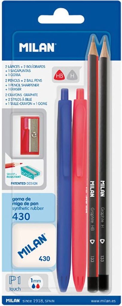 Milan Blister 2 P1 Stifte Blau Und Rot + 2 Graphitstifte Hb Und H + Radiergummi 430 + Spitzer Mehrfarbig Mehrfarbig One Size