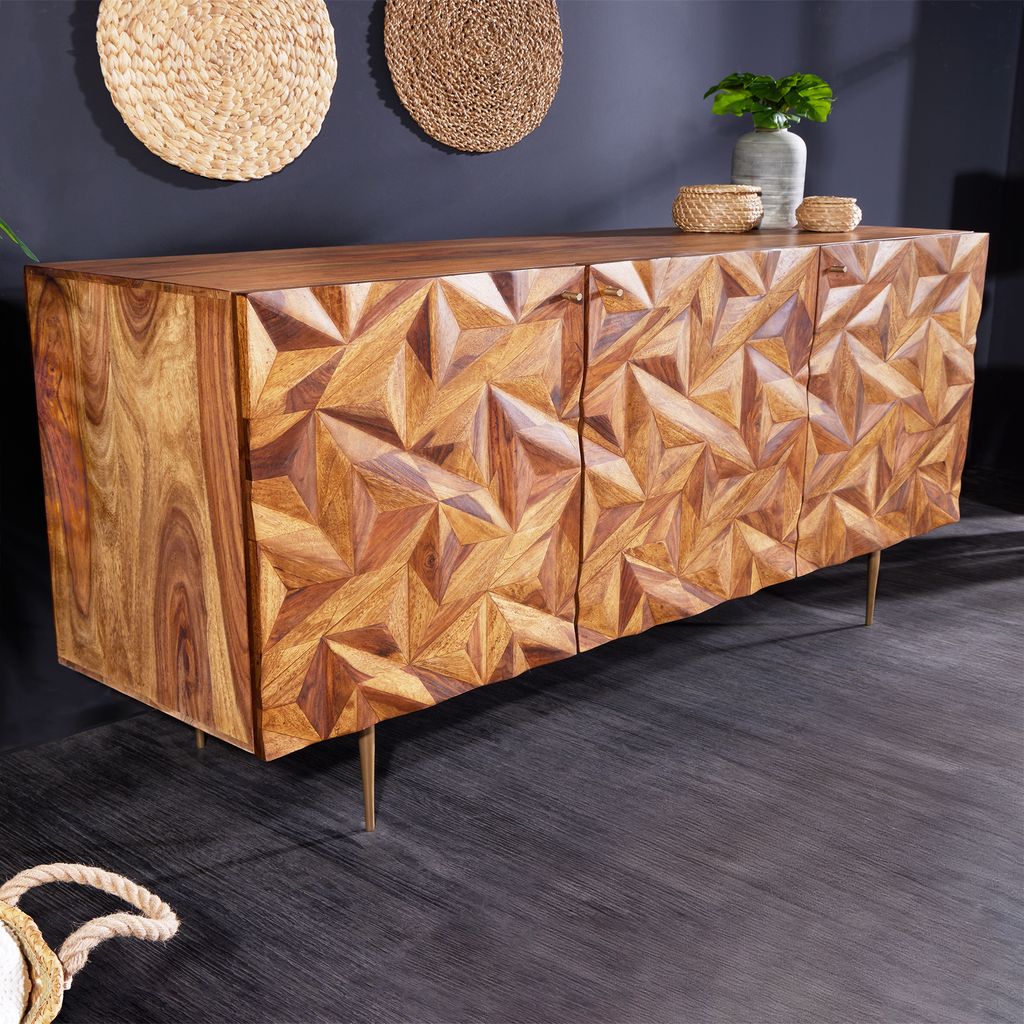 riess-ambiente Massivholz Sideboard ALPINE 145cm braun Sheesham stone finish Metall matt gold