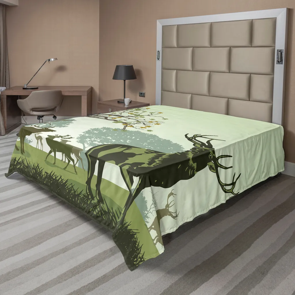 Drap de lit plat motif Cerf et Forêt 275x260 cm en Tissu Vert Doux