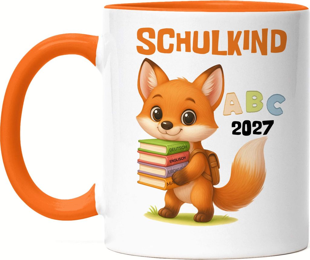 Schulkind 2027 Tasse Orange Fuchs – Lustige Geschenkidee Einschulung, bunte Schultasse ABC Motiv Jungen Erstklässler