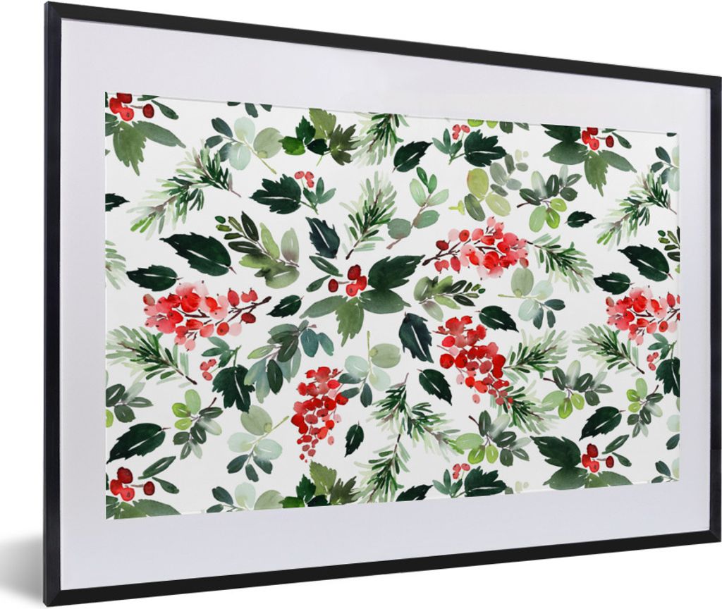 MuchoWow Gerahmtes Poster Pflanzen - Weihnachten - Aquarell 60x40 cm - Poster mit Schwarzem Bilderrahmen Wandposter Rahmen Foto Bilder - Schlafzi...