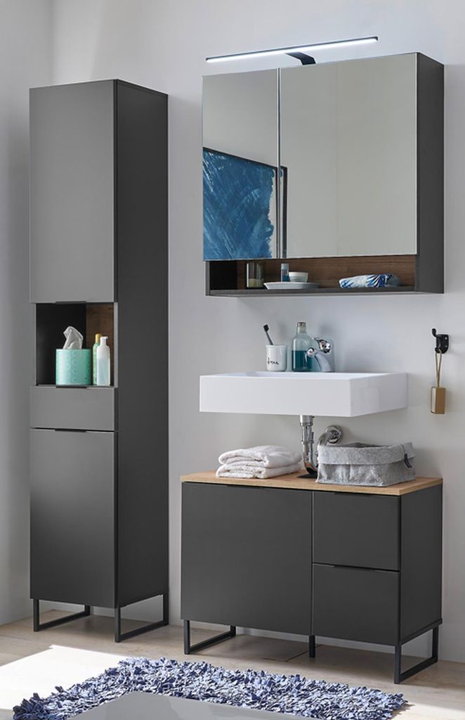 Badezimmer-Set >Denver< (3-tlg.) in schwarz matt / Evoke Eiche Nachbildung - 140x195x35 (BxHxT)