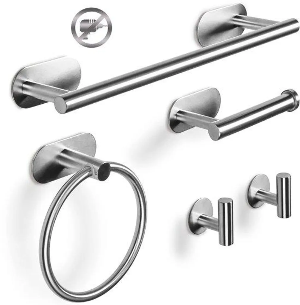Porte-serviettes autocollant en acier inox argenté - Lot de 5 pièces