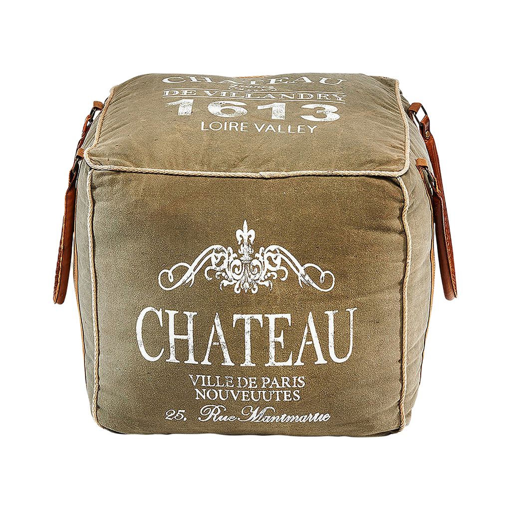 A single cube-shaped ottoman with text and decorative elements printed on it, set against a white background.