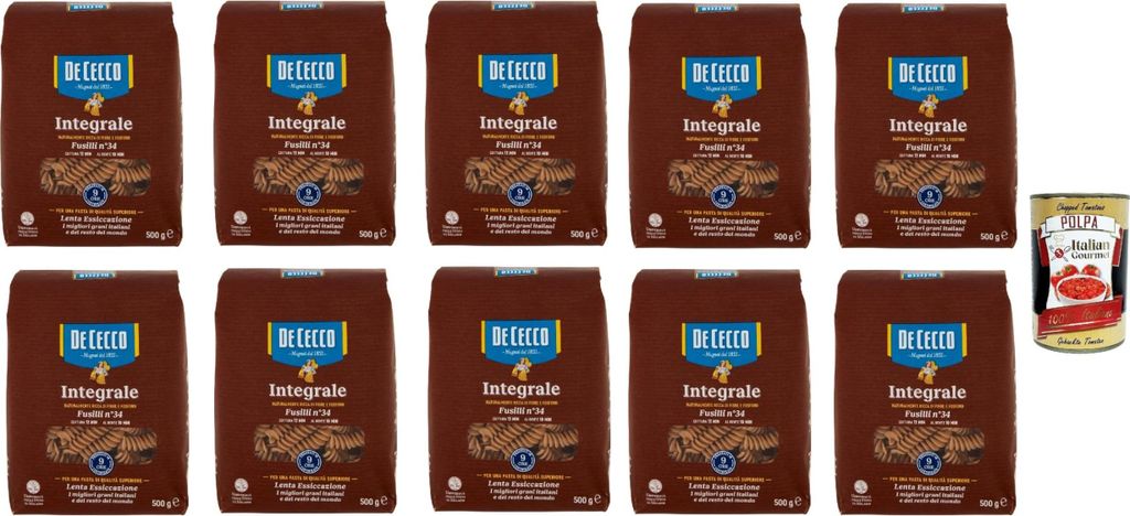 De Cecco Integrale Fusilli N° 34, Pasta integrale, Vollkornnudeln, 10x 500g + Italian Gourmet polpa 400g