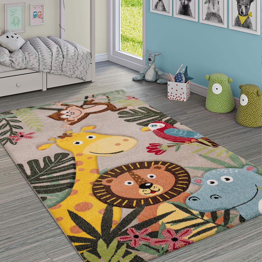 Kinderteppich Dschungel Kindermotiv Kinderzimmer schmutzabweisend Beige Rechteckig 140x200 | 100% Polypropylen | Florhöhe: 12 mm | pflegeleicht