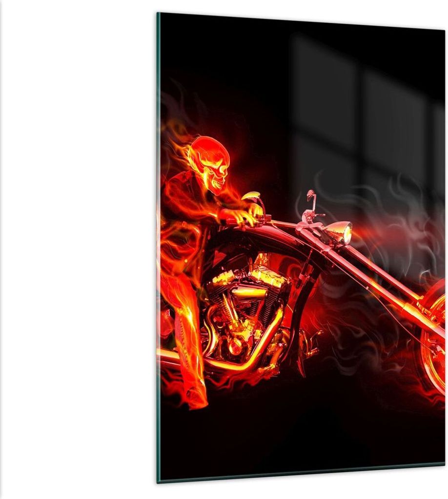 Bilder auf glas - Einteilig - Flammen Motorrad Skelett - 80x120cm - Glasbilder - Wandbilder - Bilder - zum Aufhängen bereit - Wanddekoration aus G...
