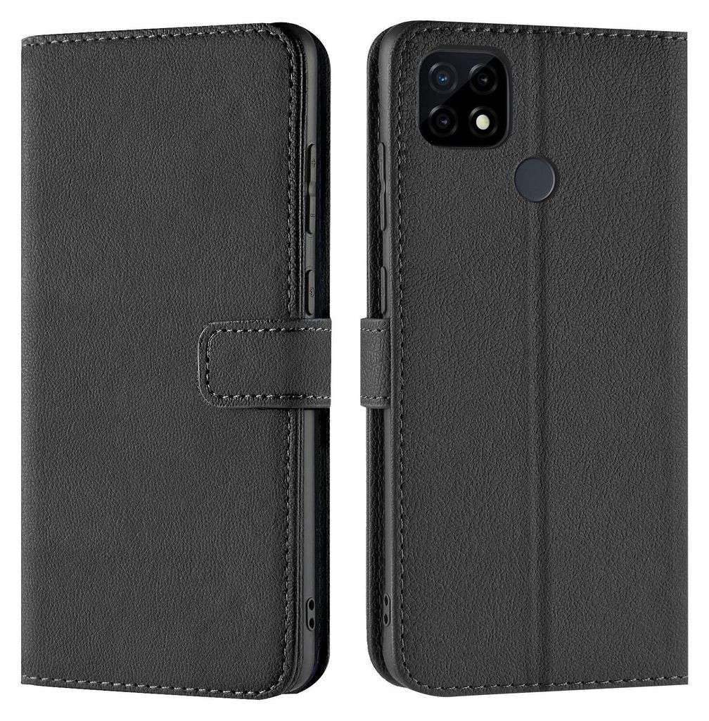 A black flip case for a smartphone is shown from the front and back.