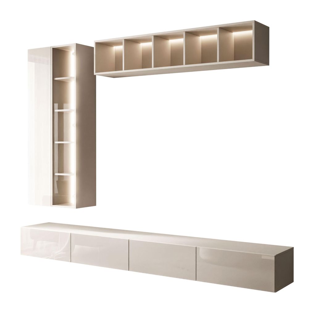 A modular wall unit consisting of a tall cabinet, a horizontal shelf unit, and a long low cabinet, all with integrated LED lighting.