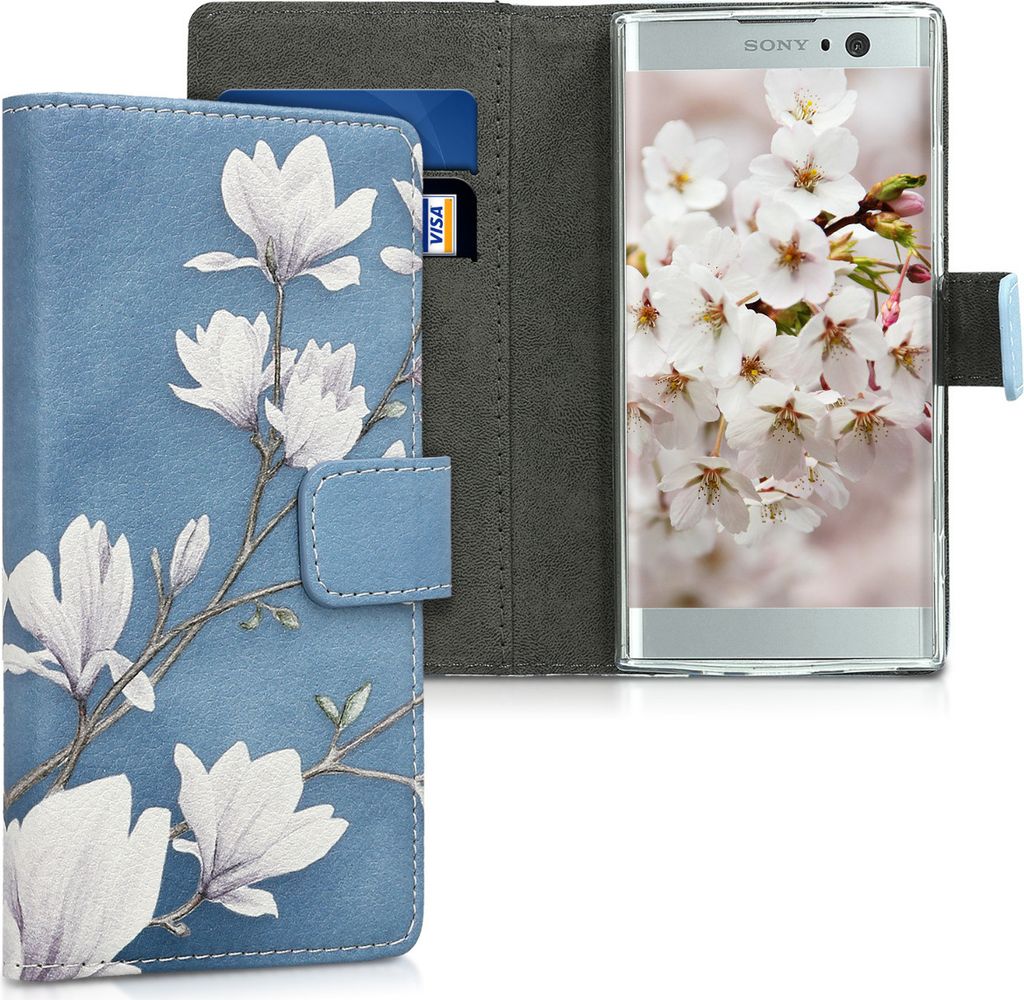kwmobile Wallet Case kompatibel mit Sony Xperia XA2 Hülle - Cover mit Ständer und Kartenfächern - Magnolien Taupe Weiß Blaugrau