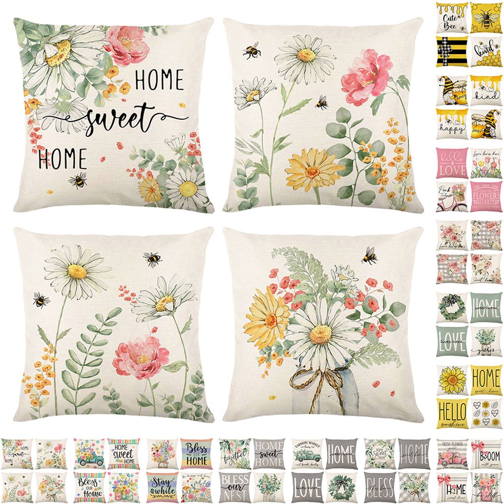 Blumen Kissenbezug 45x45 4er Set Kissenhülle Leinen Sofakissen Moderne Aquarellmalerei Dekokissen Kissenbezüge für Sofa Schlafzimmer Couch Kissen