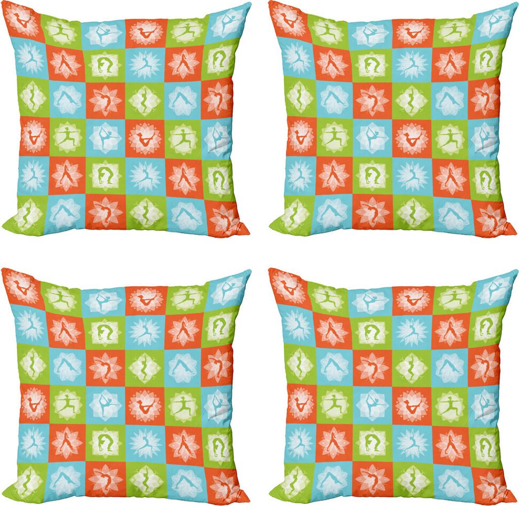 ABAKUHAUS Yoga Kissenbezug Set (4 Stück), Geist und Körper Poses Lotus, Moderner Doppelseitiger Digitaldruck, 40 cm x 40 cm, Orange Grün Himmelblau