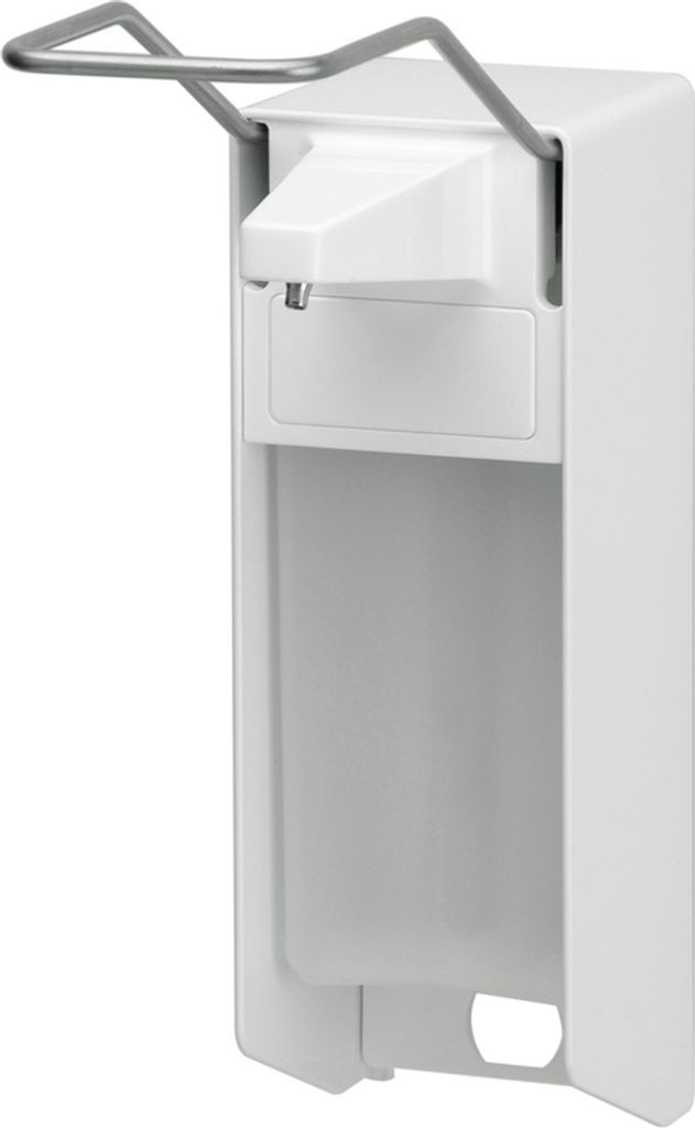 Universeller 500 ml Hygienespender von Ophard | langer Bedienhebel | 500 ml Füllmenge | verschiedene Pumpen, Farbe:Weiß, Ausführung:Aluminium Sp...