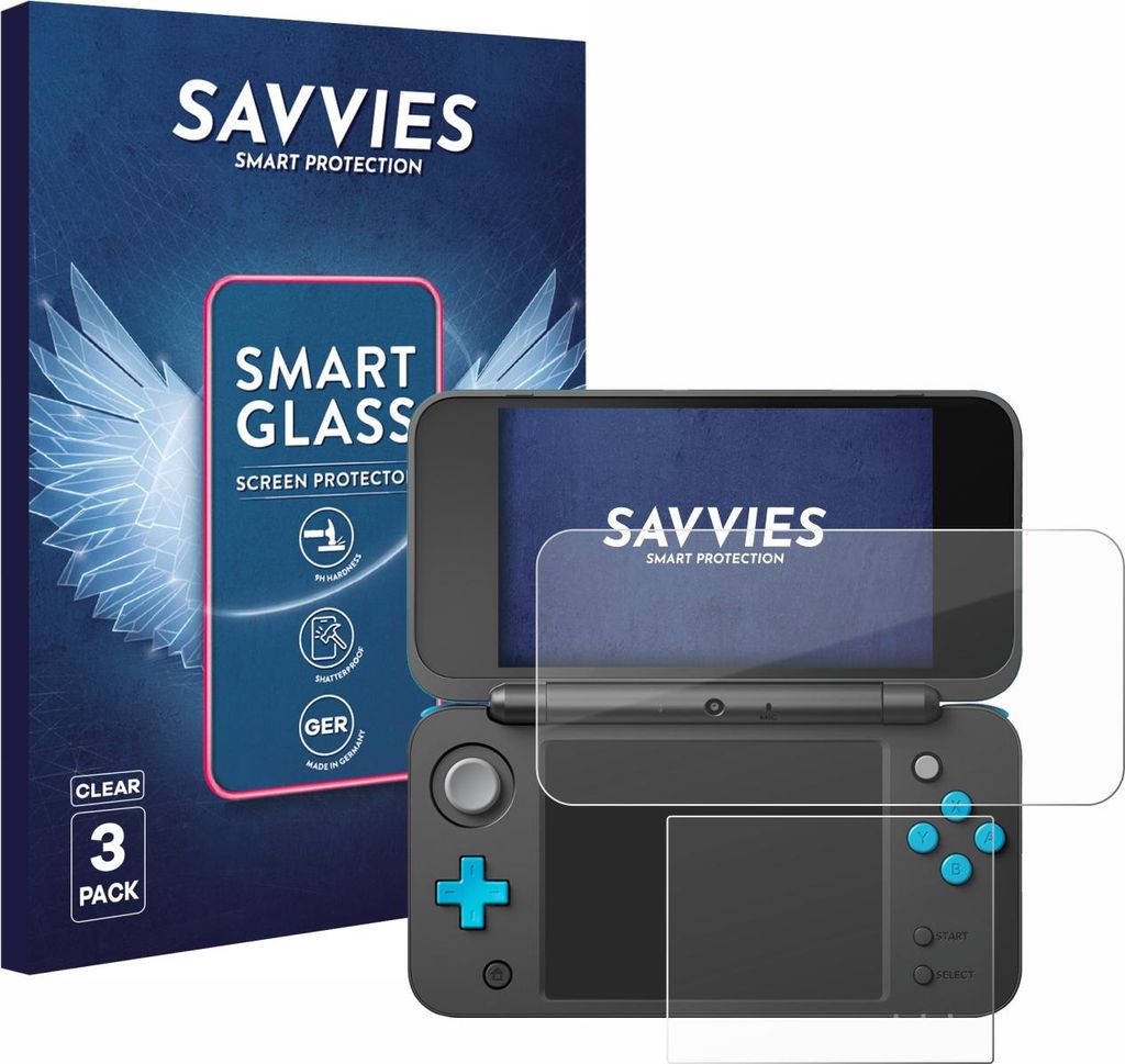 3x Savvies Schutzglas Folie für New Nintendo 2DS XL 9H Panzer Schutzfolie Glas Displayschutz klar transparent