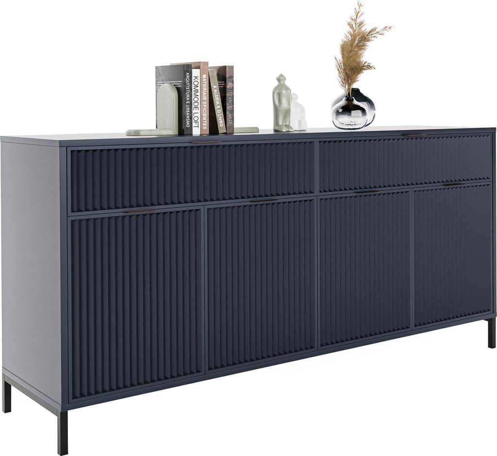 GrekPol Kommode Wave groß Aufbewahrungsschrank mit 2 Schubladen und 4 Türen Kommode Metallgestell Schubladenschrank Stauraum Sideboard Farbe: Indigo