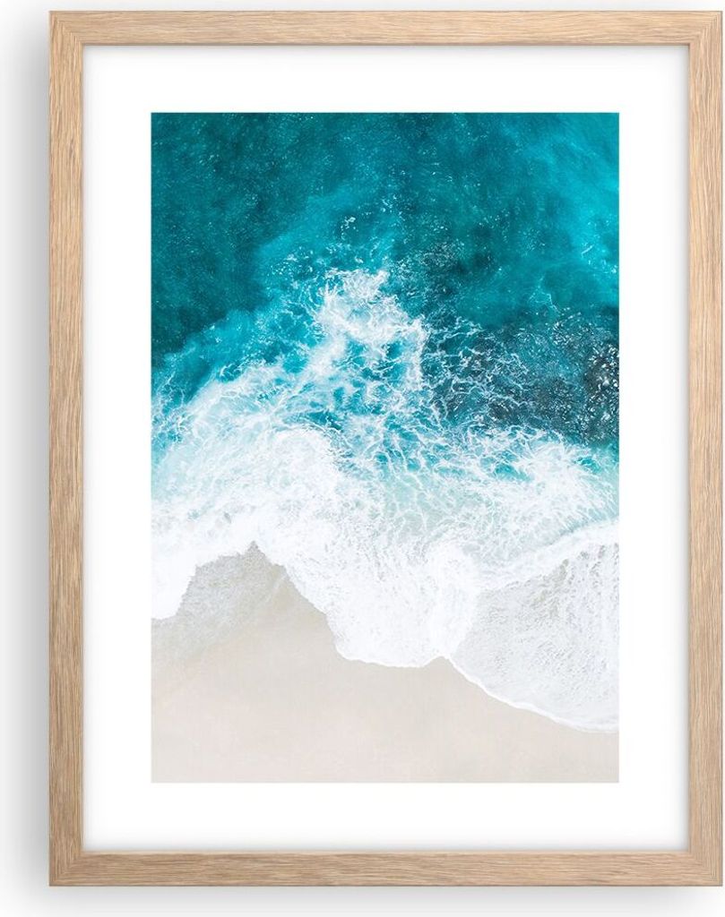 Gerahmtes Poster - Rahmen in heller Eiche - Luftaufnahmen Strand Welle - 30x40 cm - Wand Bild - Wanddeko - Wandbilder - Kunstposter - Wandposter - ...