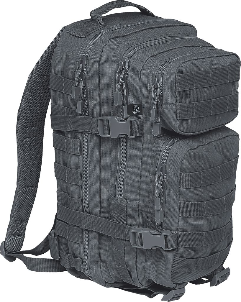 A dark gray tactical backpack is shown against a white background.
