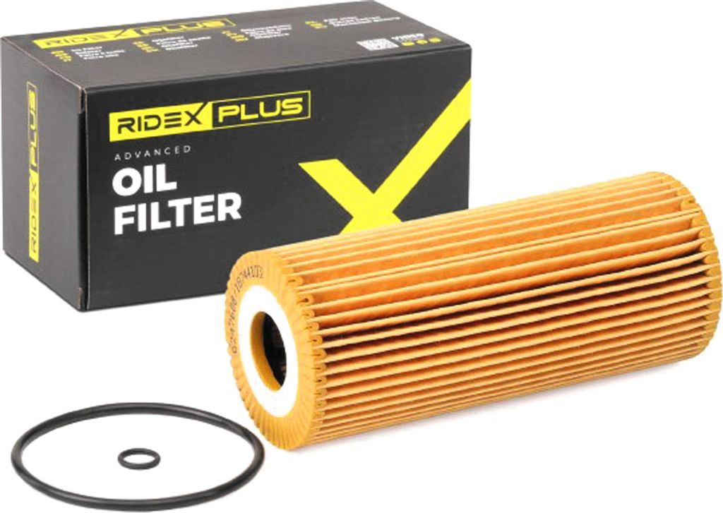 A new oil filter and its packaging are displayed on a white background.