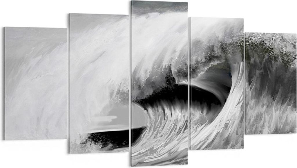Bild auf Leinwand - Leinwandbild - 5 Teile - Welle Zeichnung Schwarzweiß - 160x85cm - Wand Bild - Wanddeko - Wandbilder - Leinwanddruck - Bilder -...