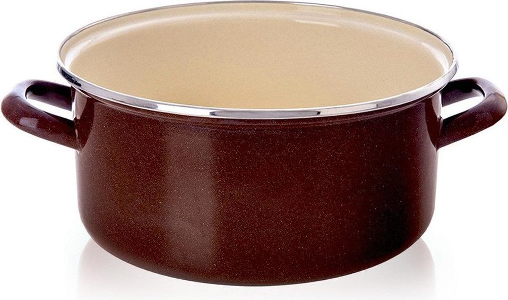 A brown enamel pot with two handles is shown against a white background.