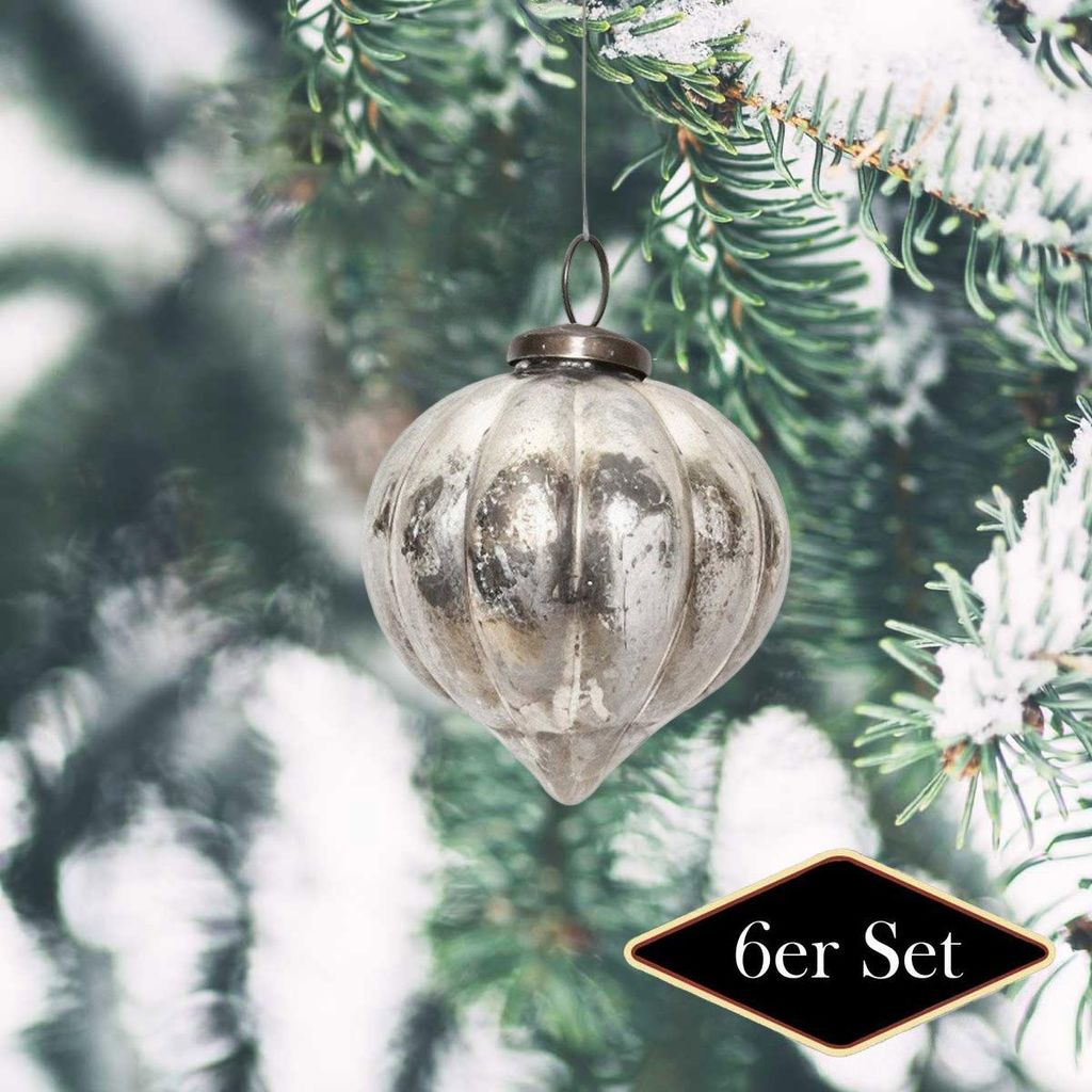 Premium Weihnachtskugel, gerippt silbern patiniert - handgemacht in Indien, 8cm