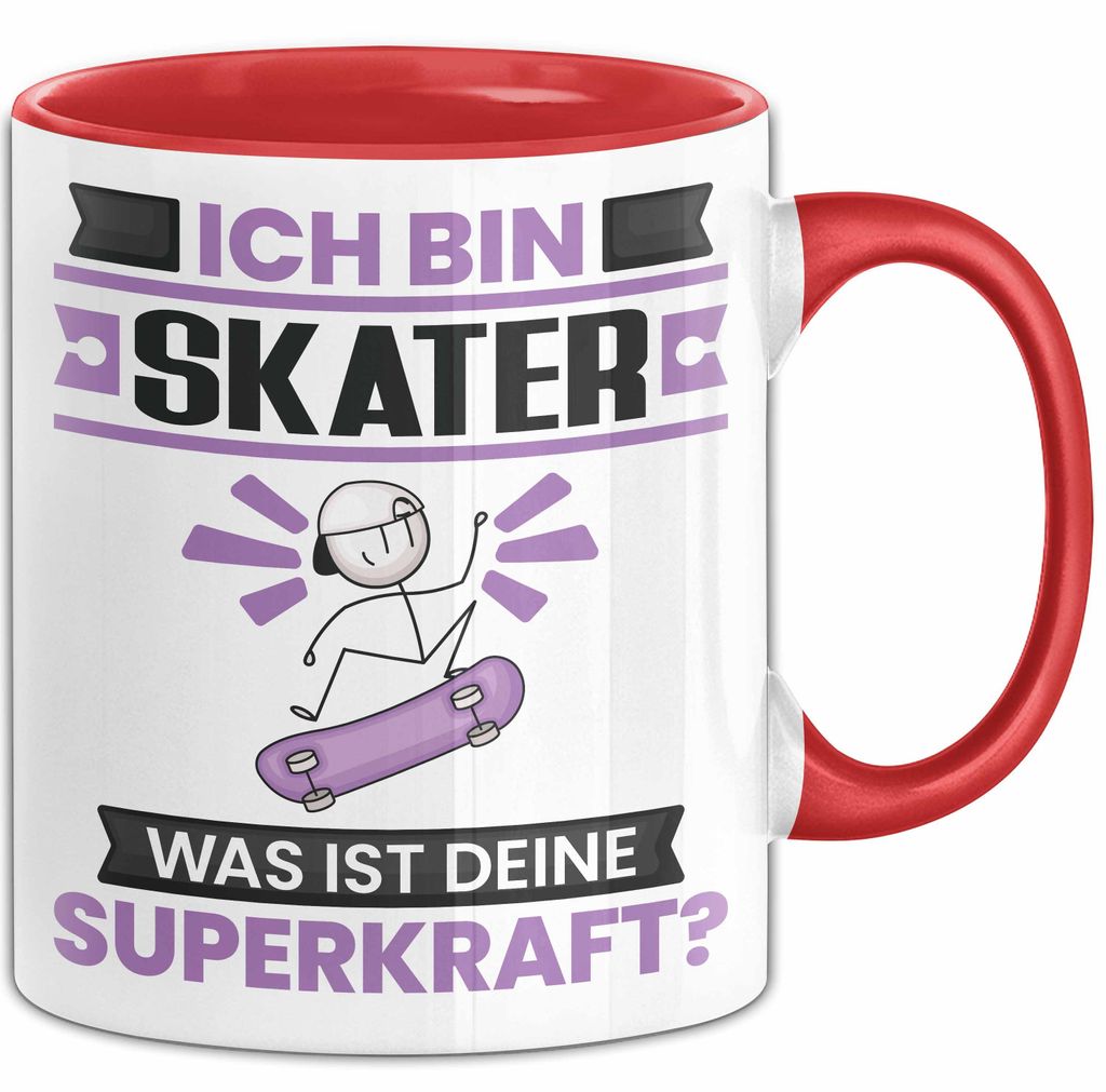 Skater Tasse Geschenk für Skater Geburtstag Lustiger Spruch Kaffee-Becher Was Ist Deine Superkraft (Rot)