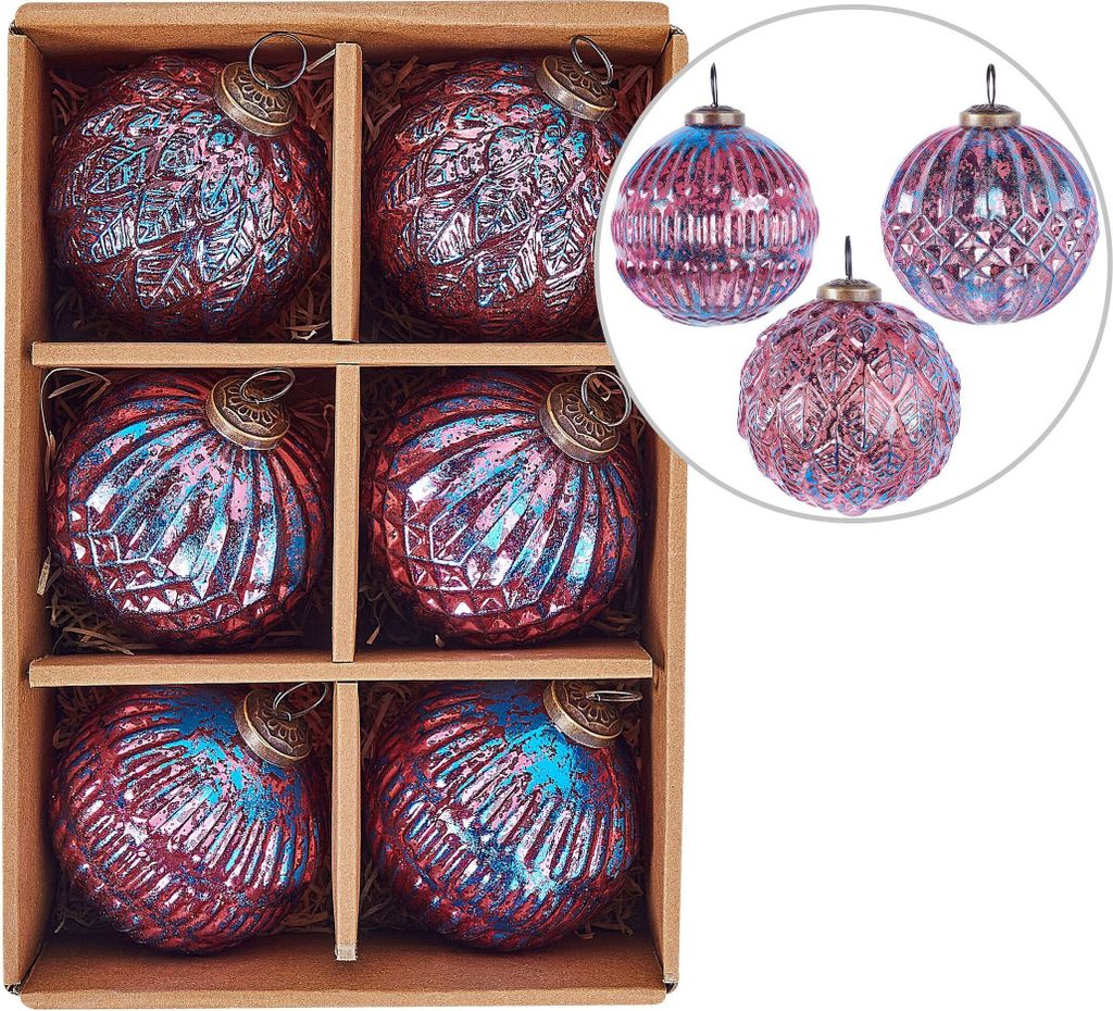 BELIANI Christbaumschmuck 6er Set Rosa und Blau Glas Antik-Optik 11 cm Handgemacht Baumschmuck Weihnachtskugel Christbaumkugel Glaskugel