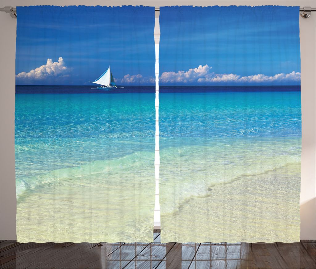 ABAKUHAUS Tropisch Rustikaler Gardine, Exotische Seashore Ansicht, Schlafzimmer Kräuselband Vorhang mit Schlaufen und Haken, 280 x 245 cm, Türkis...