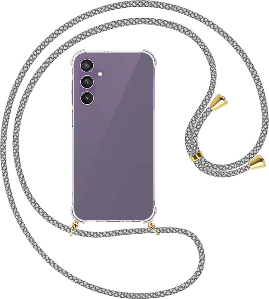 Handykette Backcover-Schutzhülle mit Band (Metall goldfarben) für Samsung Galaxy A25 5G - weiß/grau kariert