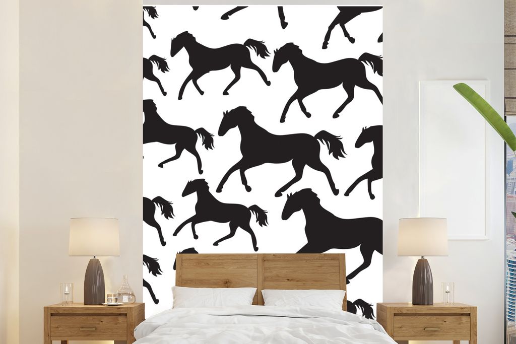 MuchoWow Fototapete für Wohnzimmer oder Schlafzimmer Wandtapete Vinyl Motivtapete Pferde - Weiß - Silhouette - Mädchen - Kinder - Mädchen - 2...