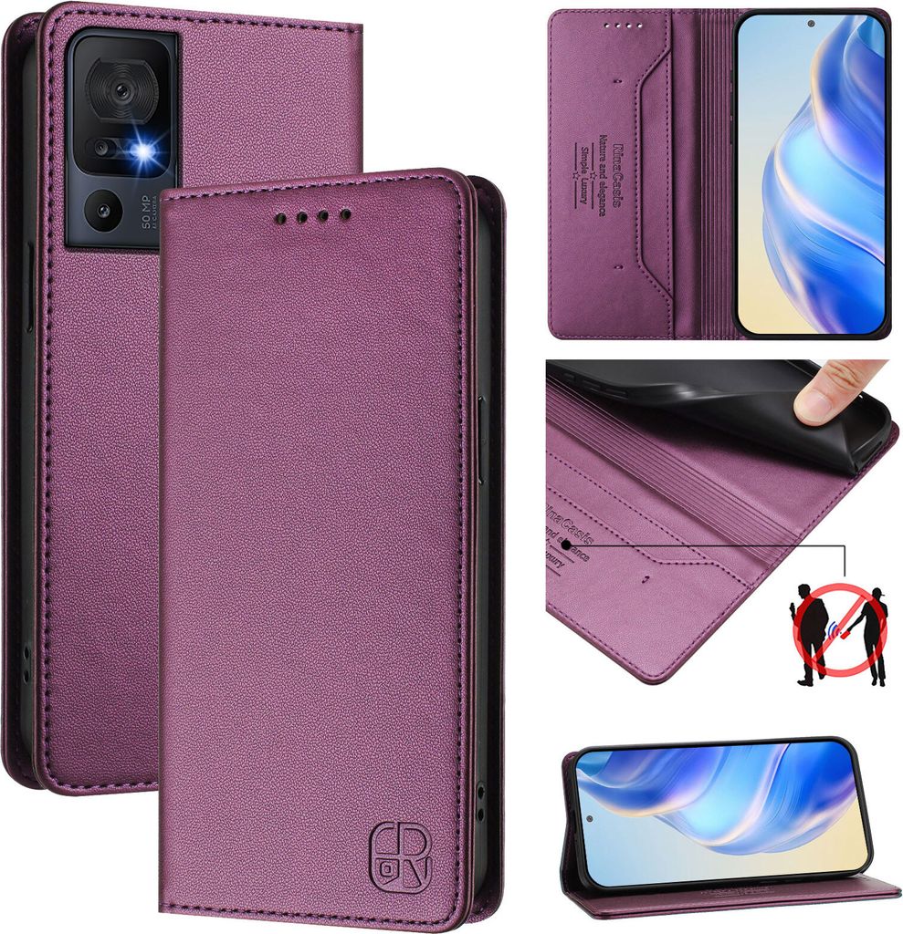 Lederhülle für TCL 40 SE Hülle Flip Brieftasche Kartenfächern Ständer Schutzhülle Lila